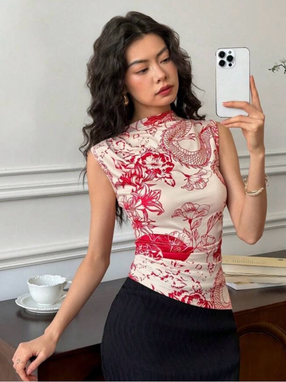 Sleeveless Red Floral Print Mock Neck Top